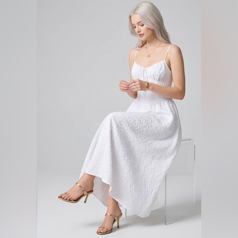 LAST ONE 🔥 Textured Midi Cottagecore Lace-Up Corset Dress White - Picture 3 of 9